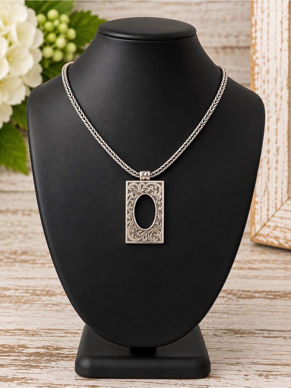 Lois Hill Sterling Silver Scroll Frame Pendant Necklace Wheat Chain 925